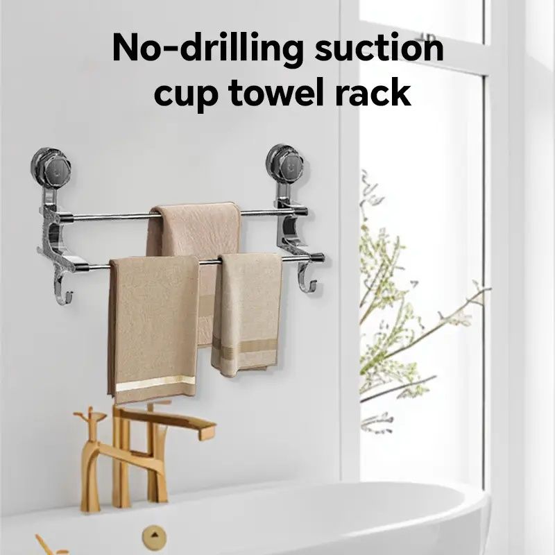 1 piece towel rack with suction cup, non-perforated wall hanging towel rack with hook, bathroom organizer, for towels and bathroom accessories, metal hooks for home and bathroom decor