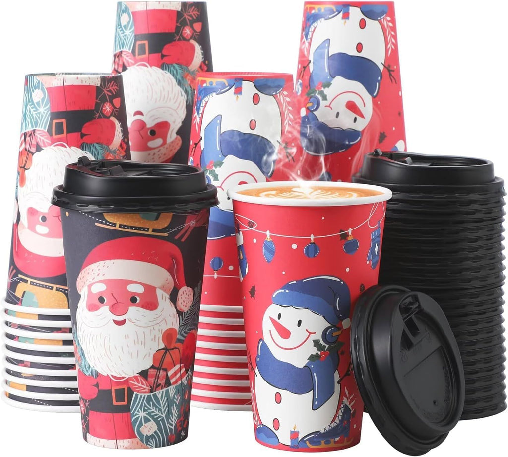 100 Pack 16 oz Christmas Coffee Cups with Lids, Holiday Disposable Paper Cups for Xmas Party Drinks, Hot Cocoa, Hot Chocolate, Cold Beverage