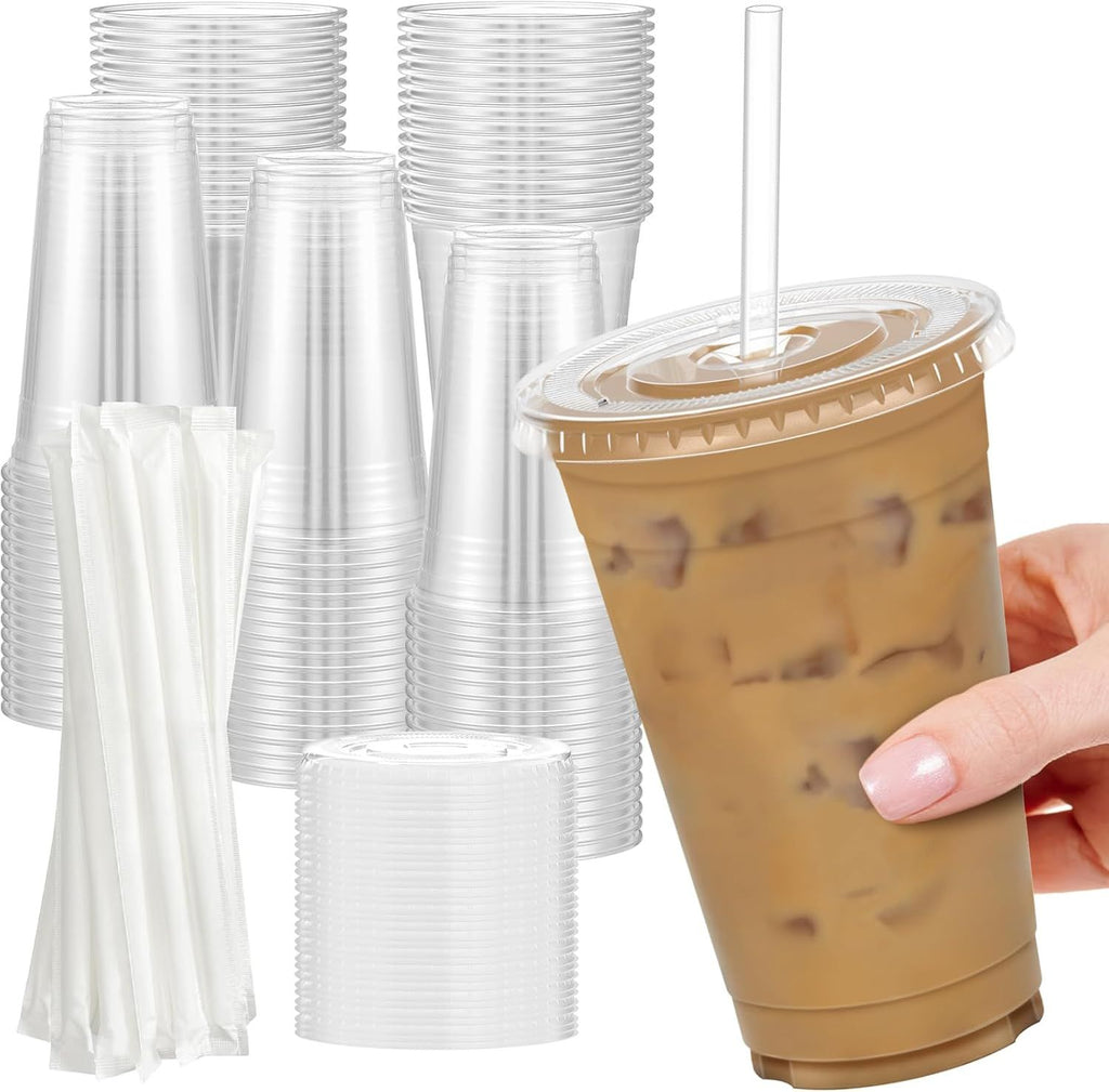 100 Pack Clear Plastic Cups with Lids and Straws, Sturdy & Food Safe Iced Coffee Cups with lids, Disposable Plastic Smoothie Cups for Cold Drinks