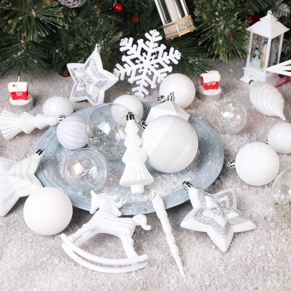 100pcs Christmas Tree Decorations Ornaments Set, Shatterproof Plastic Baubles Decorative Balls for Xmas Tree Decor Holiday Wedding Party, White