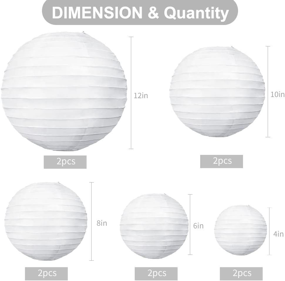 10Pcs White Paper Lanterns Decorative Chinese/Japanese Hanging Round Paper Lanterns Lamp for Birthday, Wedding, Christmas, Bridal, Home Decor, Party Decoration(Size of 4', 6', 8', 10')