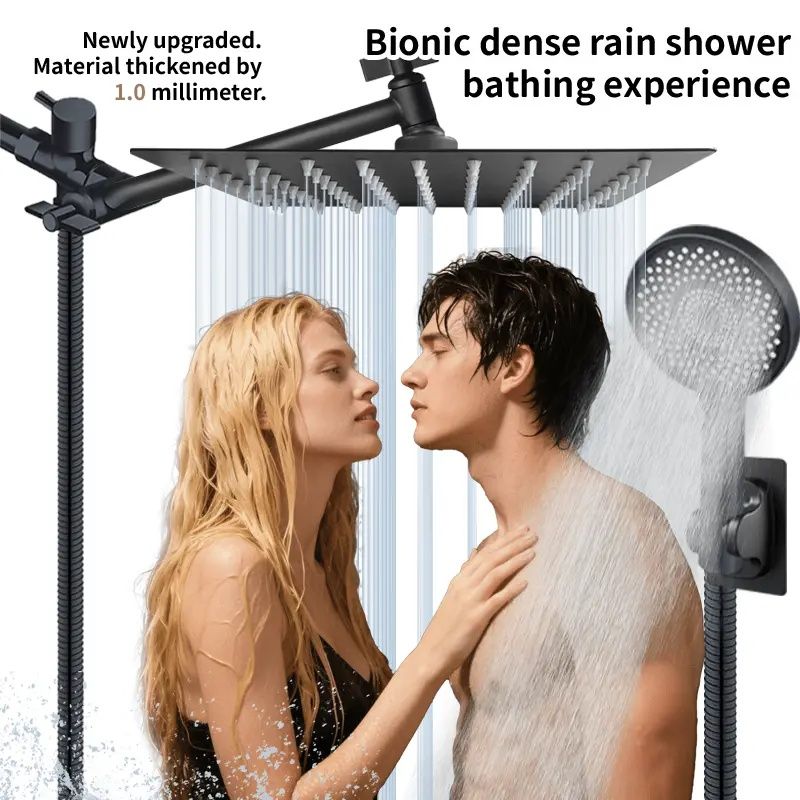 12-inch High-Flow Square Shower Head Set - Water-Saving Rain Shower with 3-Level Handheld Spray