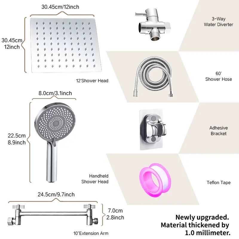 12-inch High-Flow Square Shower Head Set - Water-Saving Rain Shower with 3-Level Handheld Spray