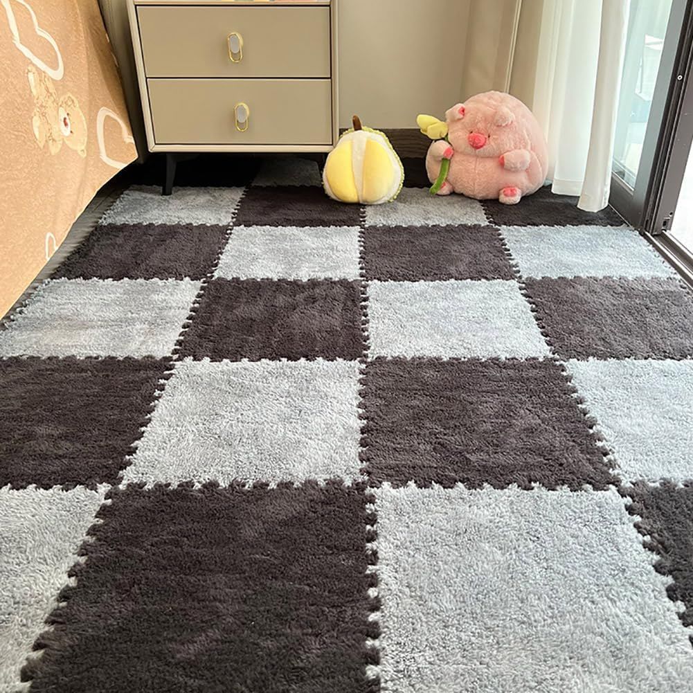 12 Pcs Plush Foam Interlocking Carpet Tiles,Soft Shaggy Fluffy Floor Area Rugs with Padding,Colorful Floor Protective Mats for Home Kids Room Playroom