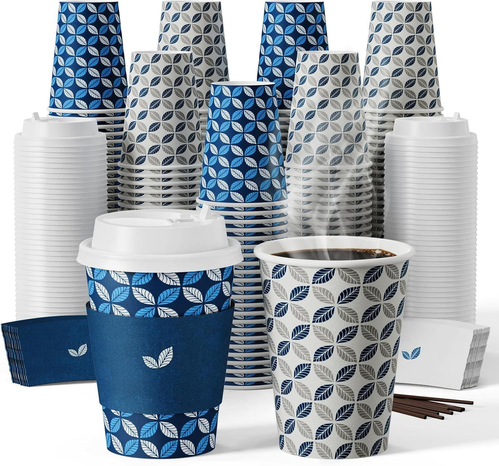 12oz Paper Coffee Cups 100 Pack, Disposable To Go Coffee Cups with Lids, Sleeves and Stirrers for Thanksgiving, Christmas and More