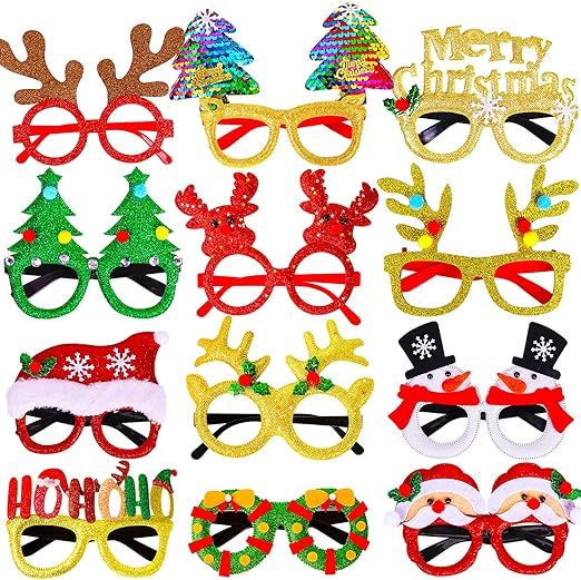 12Pcs Christmas Glasses Glitter Holiday Party Glasses Frames Christmas Decoration Accessories Costume Eyeglasses for Christmas Parties Holiday Favors (One Size Fits All)