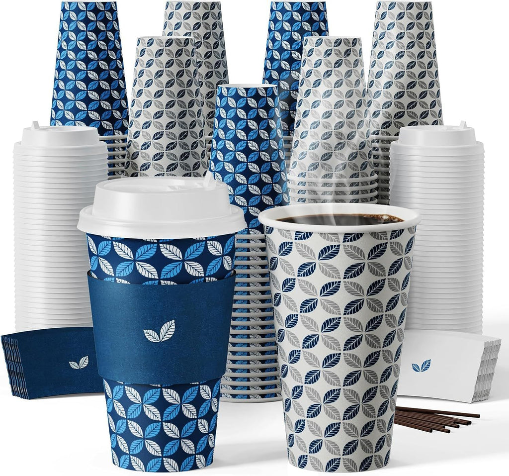 16 oz Coffee Cups with Lids 200 Pack, Disposable Hot Paper Coffee Cups with Lids, Sleeves and Stirrers for Thanksgiving, Christmas, Parties