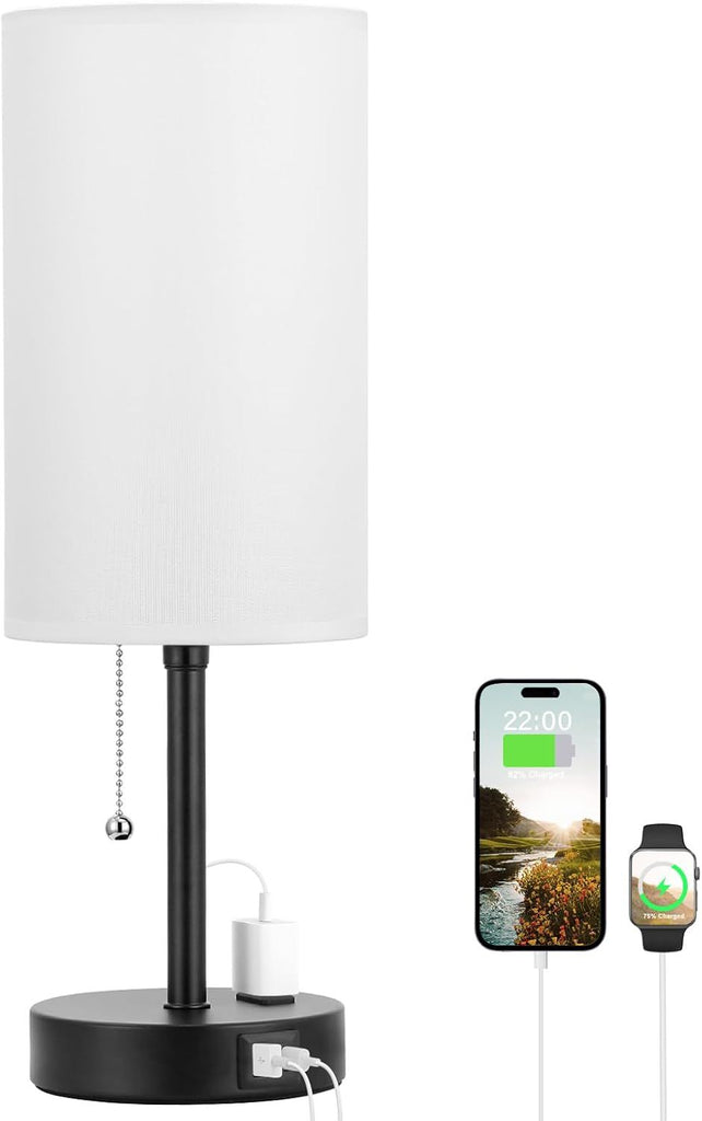 17Inch Tall Bedroom Lamps with USB C and A Ports 3 Color Temperatures - Pull Chain White Nightstand Bedside Table Lamp with AC Outlet, Side Lamp for Living Room End Table