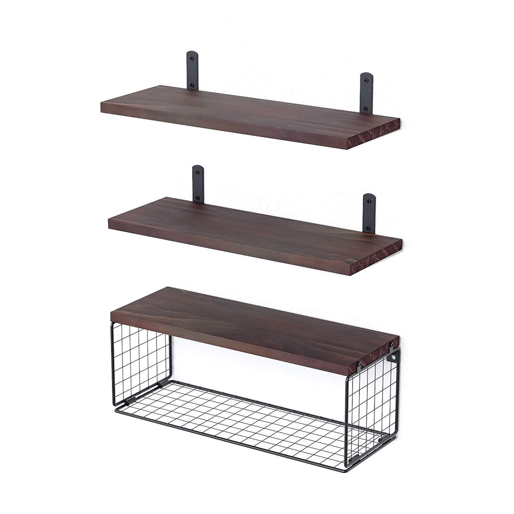 2 In 1 Floating Shelves Wall Mounted with Storage Basket Bathroom Shelves Over Toilet Wooden Shelves for Bedroom Living Room Kitchen Office Wall Decor Plants