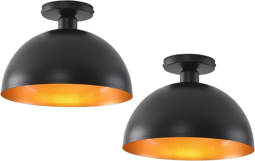2 Pack Flush Mount Ceiling Light Fixture - Black & Gold Metal Shade Vintage Farmhouse Lighting for Kitchen, Dining Room, Entryway, Foyer, Bedroom, Porch