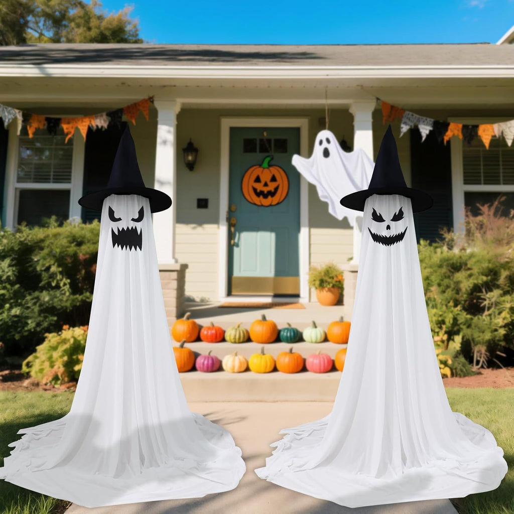 2 Pack Halloween Ghost Decorations Outdoor, Light Up Spooky Ghost with Witch Hat,Halloween Party Scary Ghosts Decor with LED Lights for Porches Yards Gardens Lawn Indoor