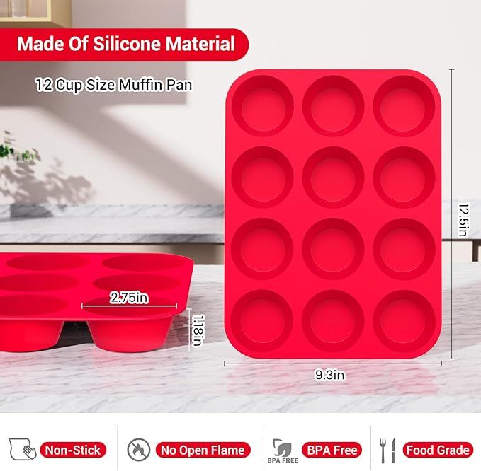 2 Pack Silicone Muffin Pan & Cupcake Pans for Baking - 12 Cup Regular Size BPA Free Egg Bites Molds