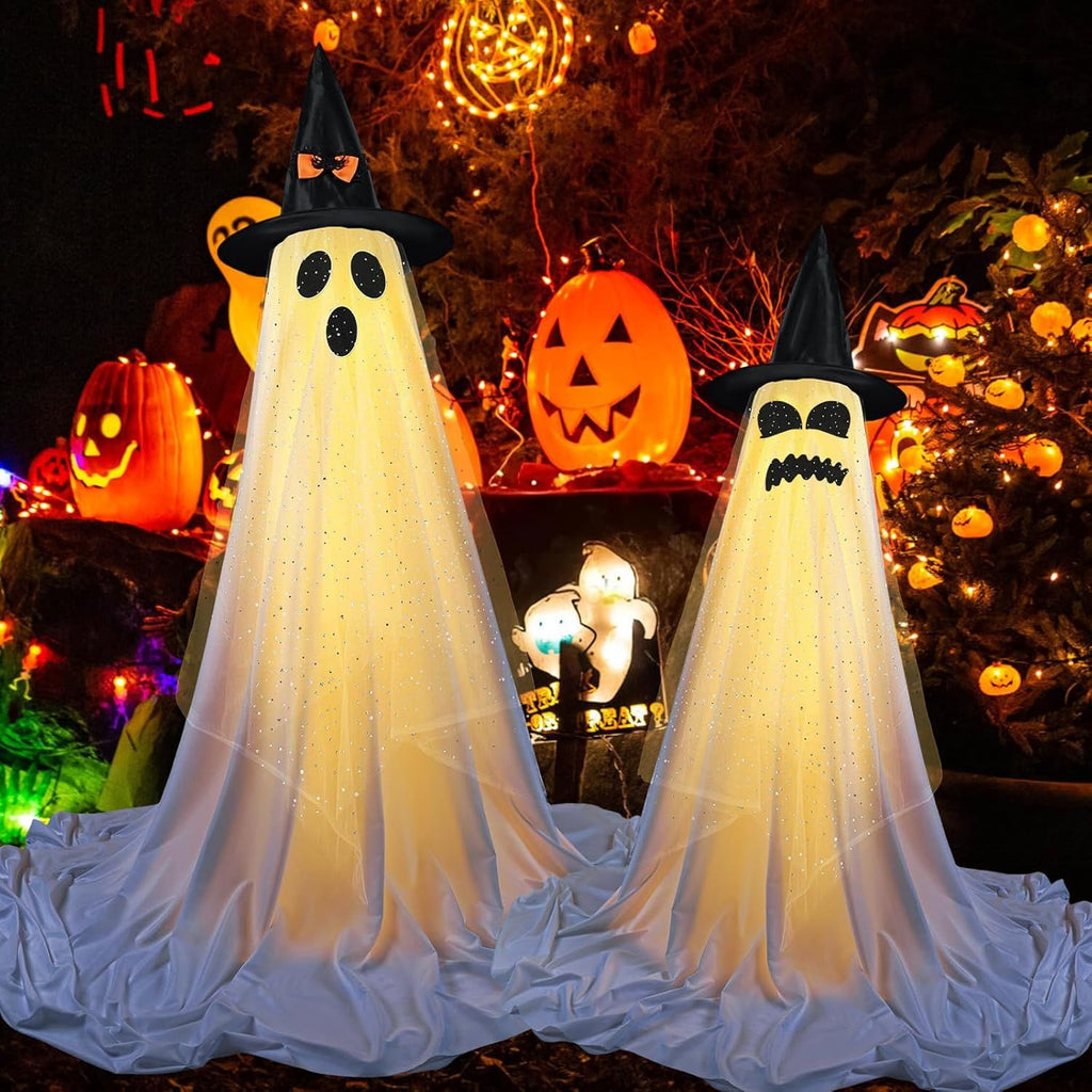 2 Packs Halloween Decorations Outdoor Indoor with Halloween Remote Control String Lights Party Supplies,Spooky Ghost Decor with Witch Hat,-Hallowee n Ghost Lights for Porches Yards Gardens Lawn