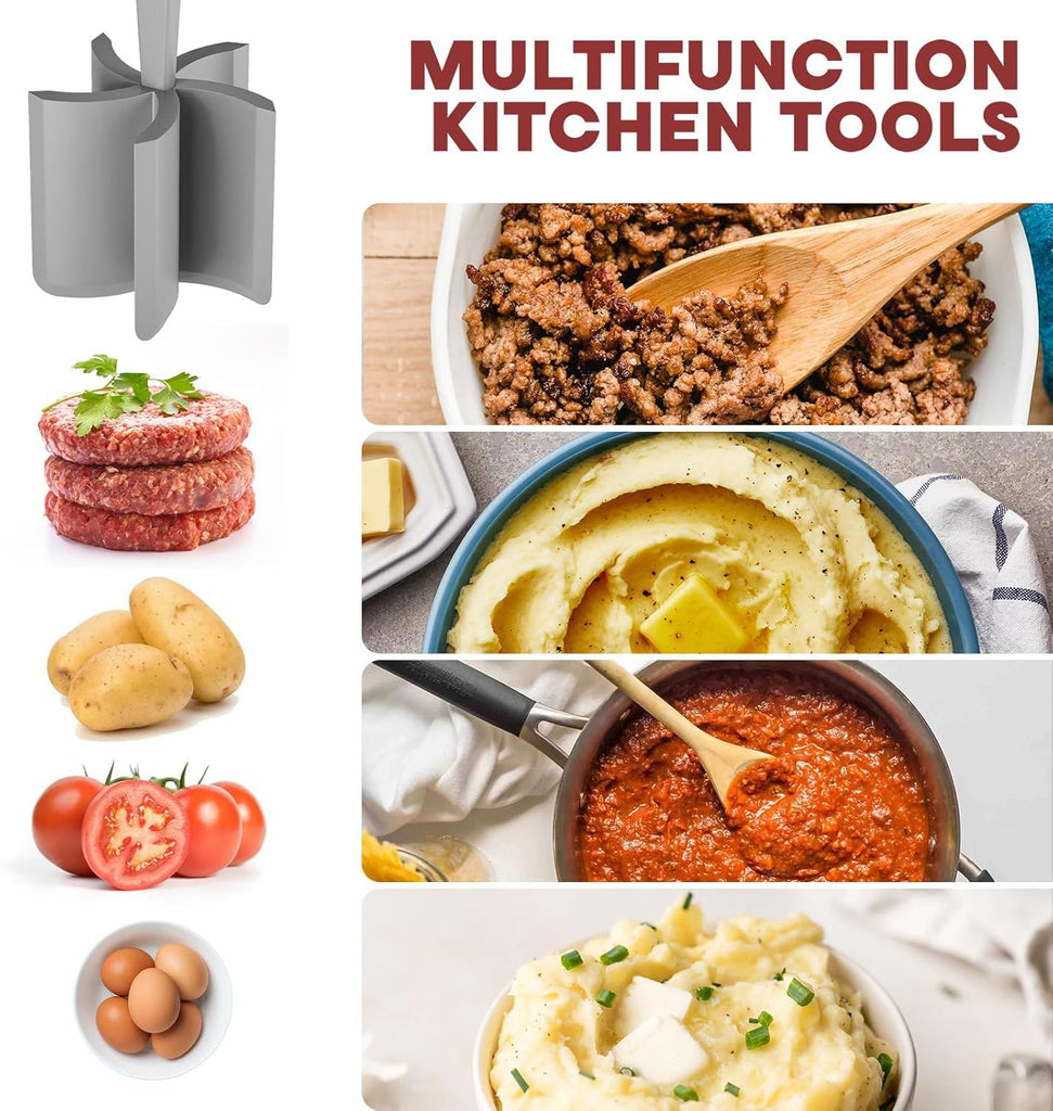 2 Pcs Meat Chopper, Hamburger Grinder, Premium Heat Resistant Smasher for Ground Beef, Burger Grinder Nylon Potato Mix Tool-Black-Grey