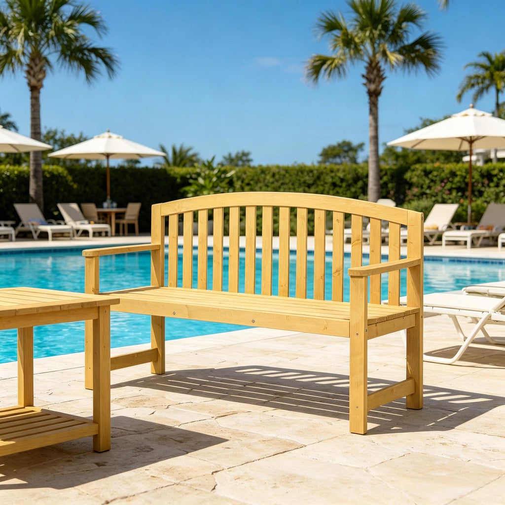 2-Seater Outdoor Wood Bench 56 Inch Garden Patio Bench with Backrest And Armrest for Porch Poolside Balcony Natural Wood Color