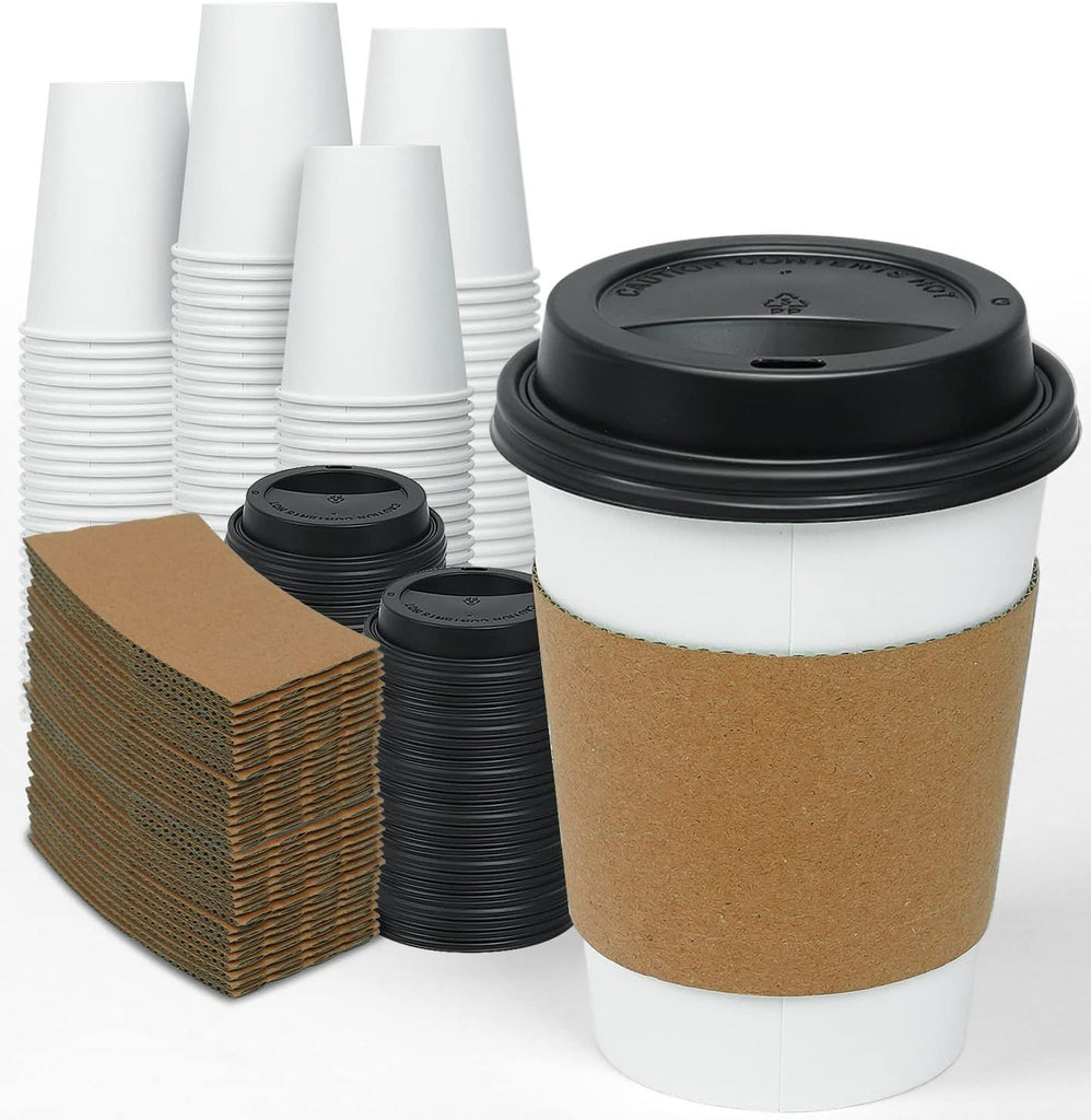 200 Pack 12 oz Disposable Thickened Paper Coffee Cups with Lids and Sleeves, To Go Hot Coffee Cups, Hot Chocolate, Cocoa and Coffee Bar Supplies