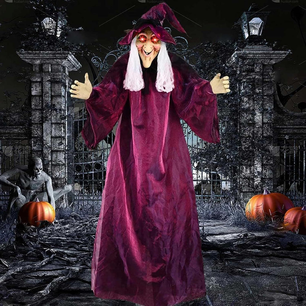 2025 Halloween Electronic Animated Witches, 70In Life Size Hanging Vocal Witches, Giant Flying Witches, Voice & Touch Activated Dialogue, Haunted House Props and Creepy Party Decor (Dark Purple)