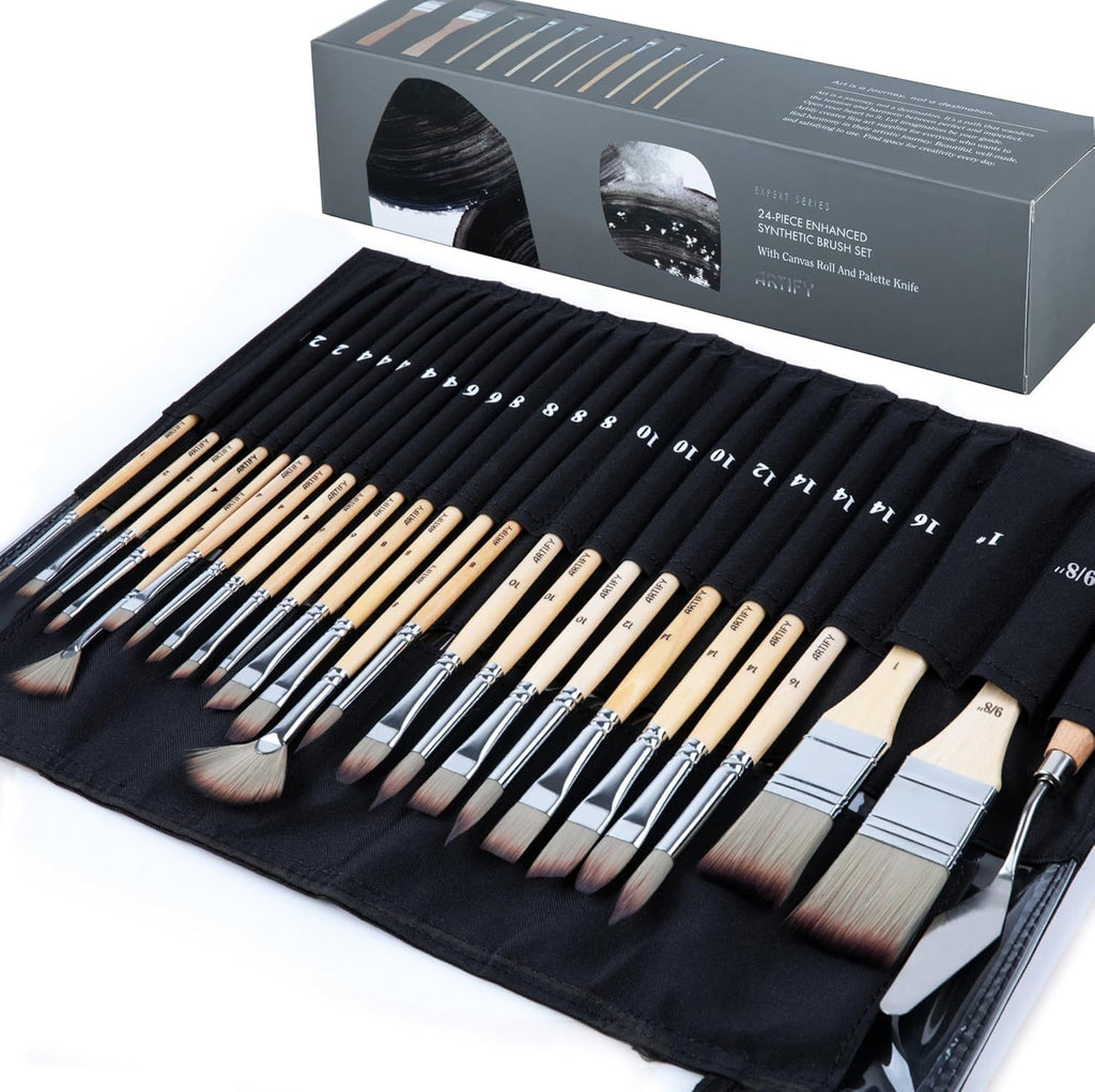 25 Pieces Professional Paint Brush Set – Expert Series Synthetic Nylon Brushes for Acrylic, Oil, Watercolor, Gouache – No Shedding, Canvas Roll Case & Palette Knife, Artist Gifts Art Supplies