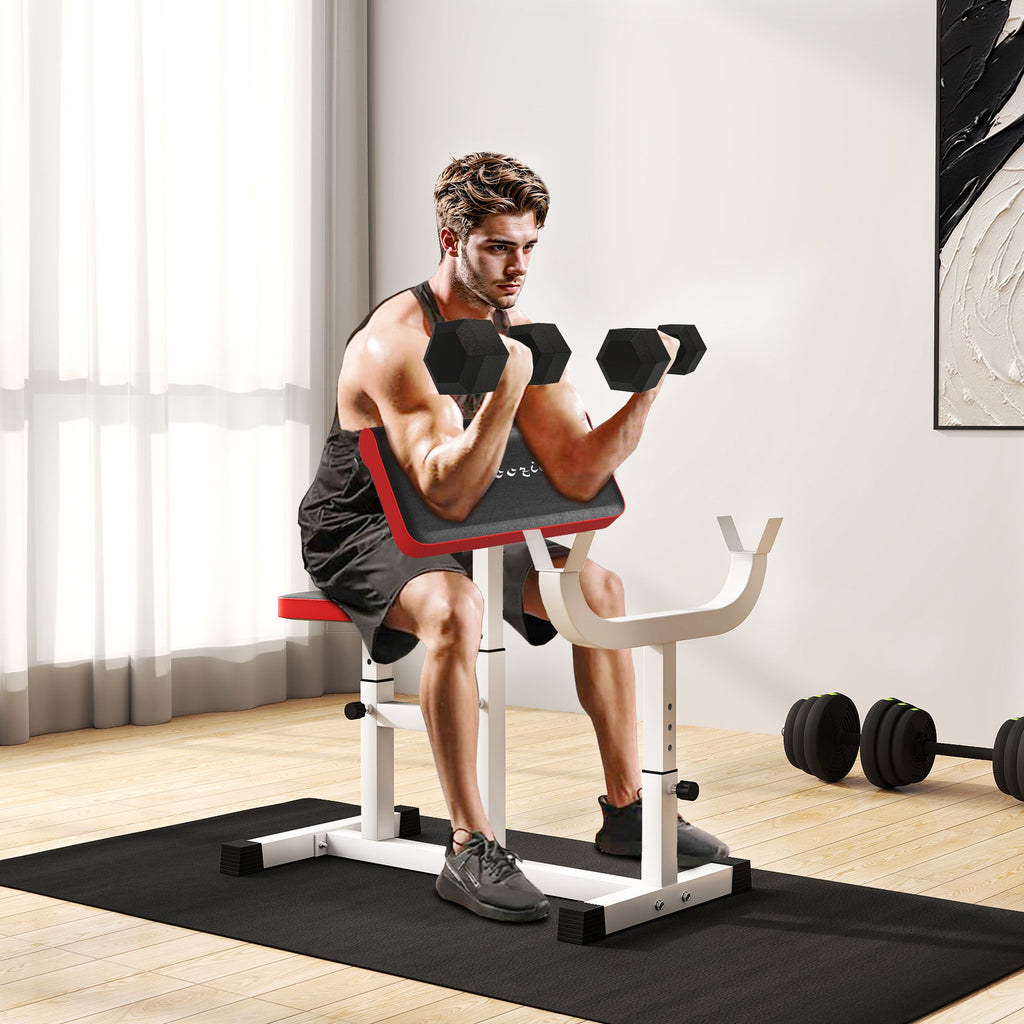 265 LBS Preacher Curl Bench for Strength Training, Adjustable Seated Arm Isolated Barbell Dumbbell Bicep Station, White