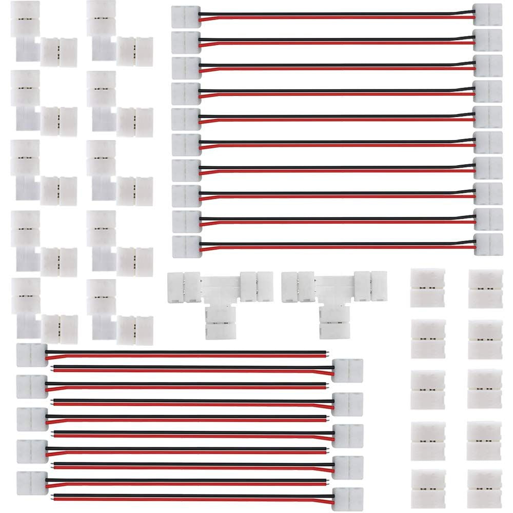 2Pin 8mm LED Strip Connector Kit Include2 Pin Right Angle Corner, T Shape and Gapless Connector, Strip Jumper Wires for Flexible SMD2835 (not COB) Tape Lights