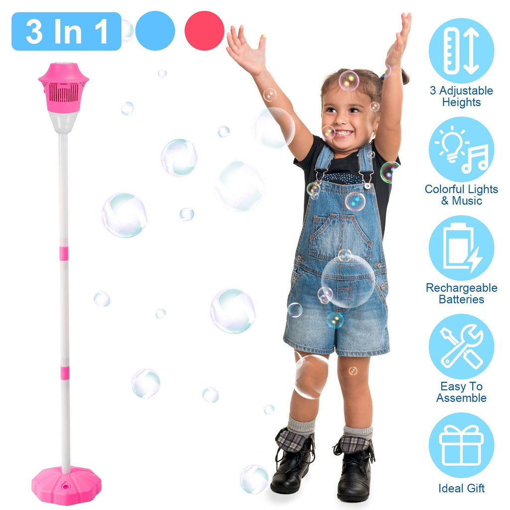 3 In 1 Standing Bubble Machines with Colorful Lights and Music Rechargeable Bubble Maker Stands with 2 Modes 3 Adjustable Height for Party Wedding Indoor Outdoor Occasions Pets Kids Aged 3+