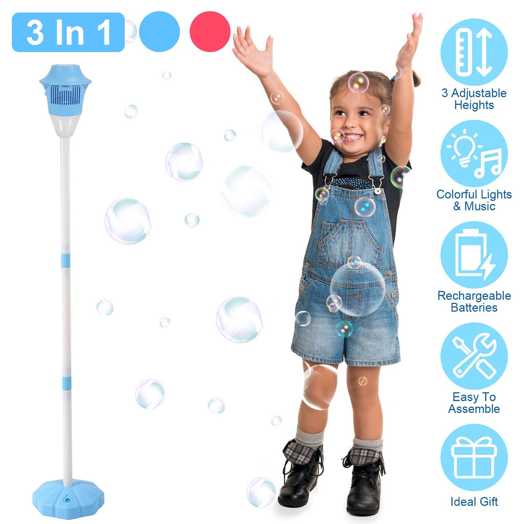 3 In 1 Standing Bubble Machines with Colorful Lights and Music Rechargeable Bubble Maker Stands with 2 Modes 3 Adjustable Height for Party Wedding Indoor Outdoor Occasions Pets Kids Aged 3+