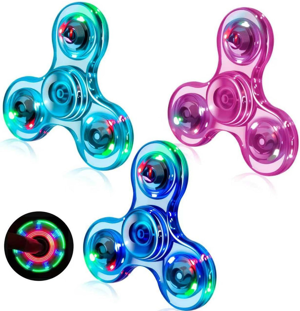 3 Pack LED Light Up Fidget Spinners - Halloween Party Favors & Goodie Bag Fillers. Crystal Finger Toy for Stress Relief, Gifts for Kids & Teens.