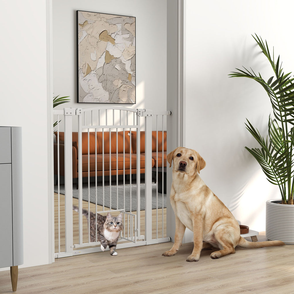 30"-41" Extra Wide Walk Through Dog Gate w/ Cat Door, 3-Inch & 5.5-Inch Extension Kits, 42" High