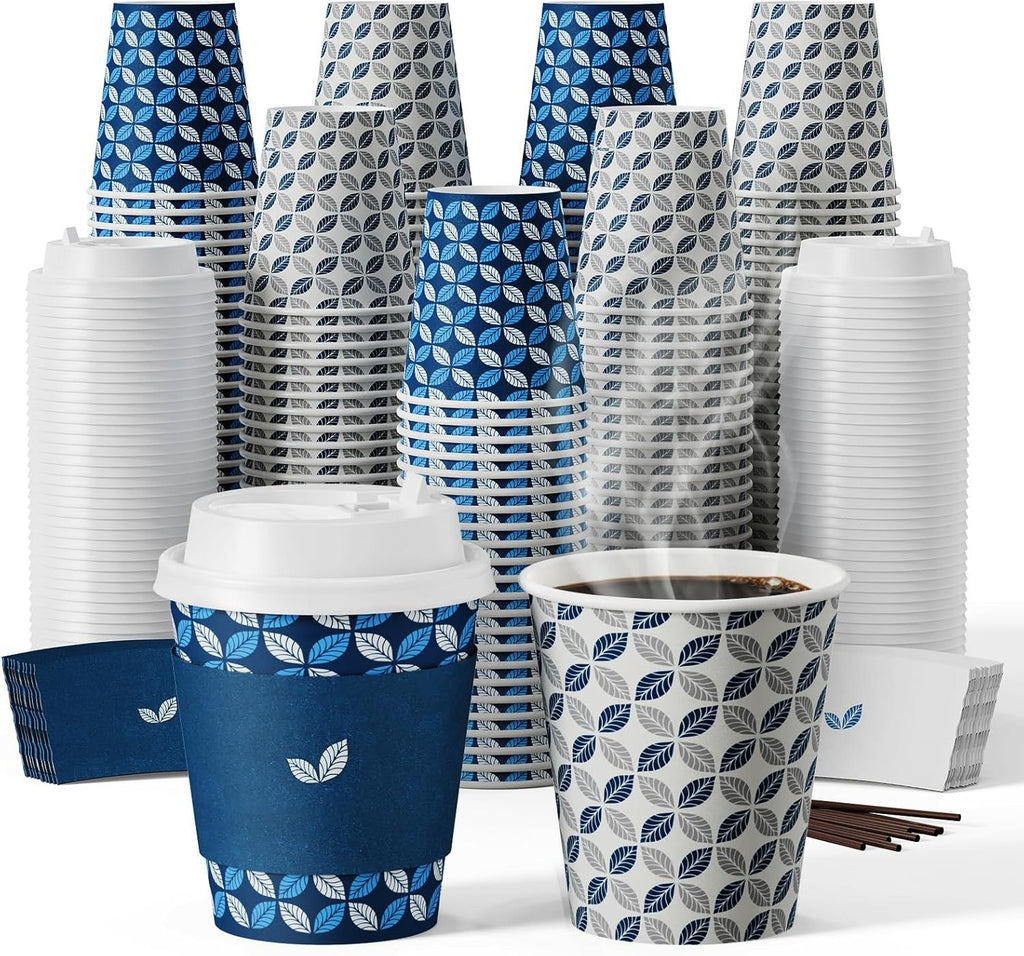 300 Pack 10 oz Disposable Coffee Cups, Hot Paper Coffee Cups with Lids, Sleeves and Stirrers for Home, Office, Cafe (Blue Leaf and Grey Leaf)