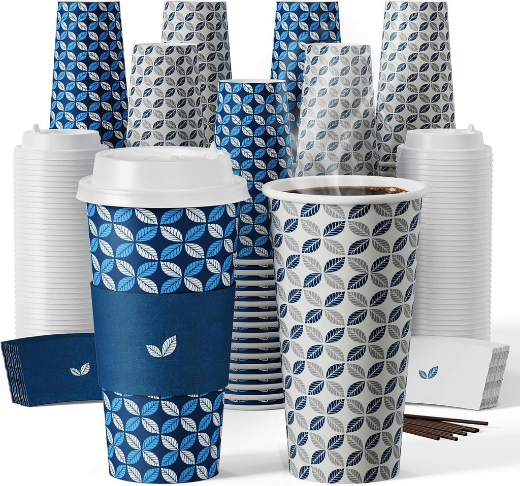 300 Pack 20 oz Disposable Coffee Cups, Hot Paper Coffee Cups with Lids, Sleeves and Stirrers for Home, Office, Cafe (Blue Leaf and Grey Leaf)