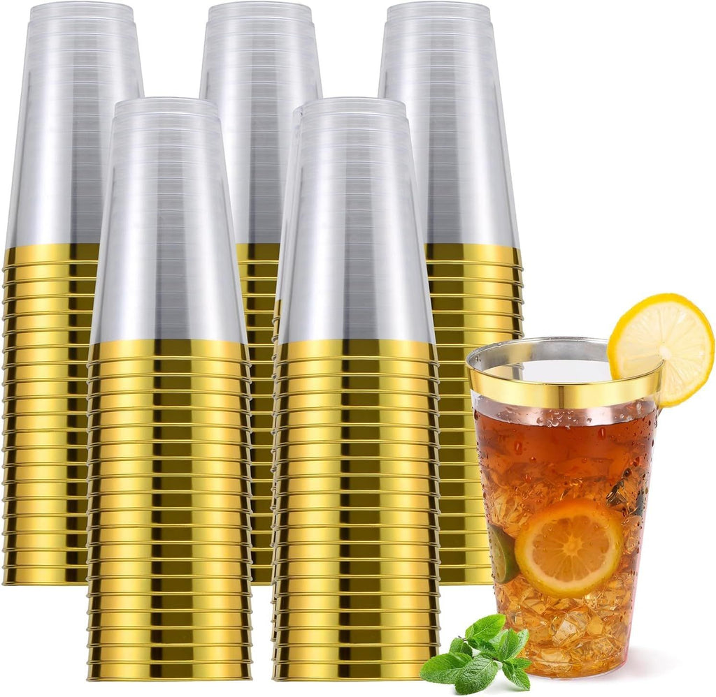 300 Pcs 16 Once Disposable Gold Rimmed Plastic Cups Heavy Duty Elegant Fancy Disposable Hard Plastic Cups With Gold Rim For Wedding Parties Festivals Christmas Gathing