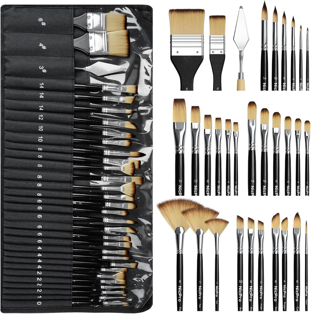 30pcs Paint Brush Set, Professional Paintbrushes with Paint Spatula and Cloth Roll, Craft Paint Brushes for Acrylic Painting, Oil, Watercolor, Gouache, Art Supplies for Artists and Beginners