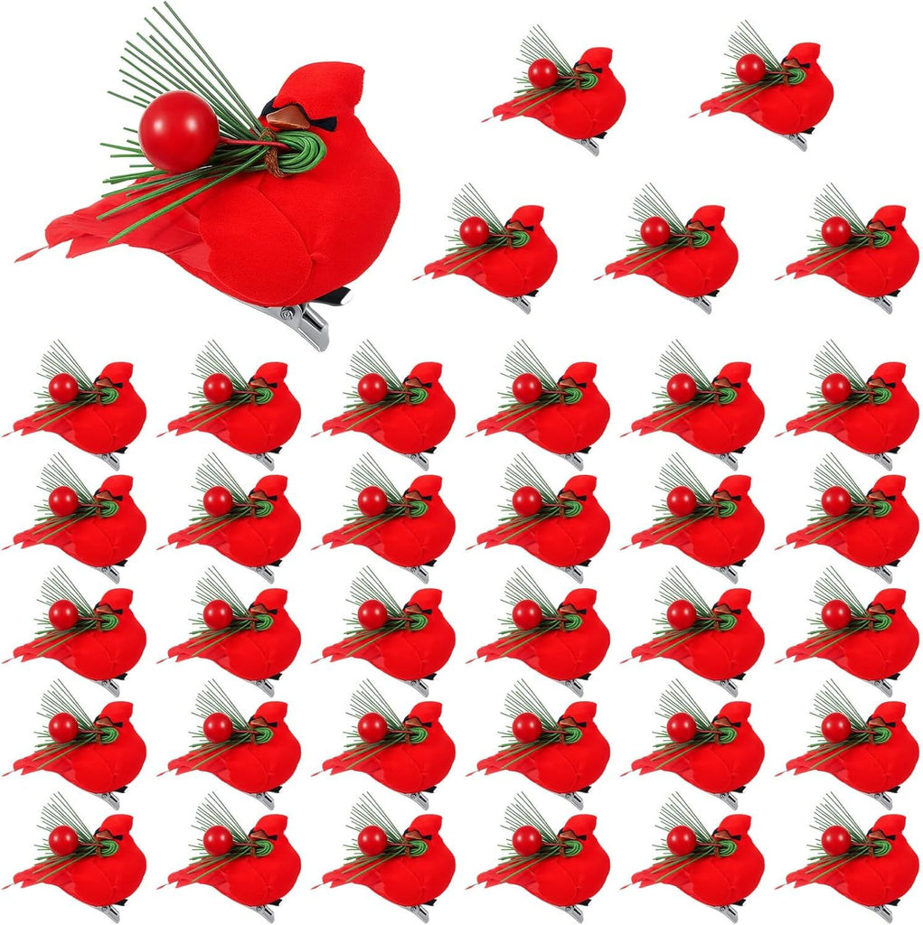 36 Pcs Red Cardinal with Clip on Christmas Tree Mini Ornament Red Feather Faux Birds Decorations Bird Craft Ornament for Christmas Tree Home Outdoor Wreath Arts Decoration(Classic Style)