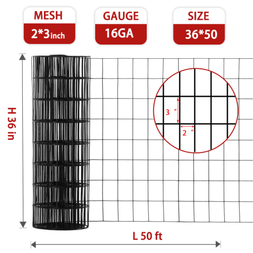 36inch X 50ft Black Vinyl Coated Hardware Cloth 2 X 3 16Ga Welded Wire Mesh Fence, PVC Coated Welded Chicken Wire Fencing, Metal Garden Plant Fencing, For Chicken Coop And Home Improvement