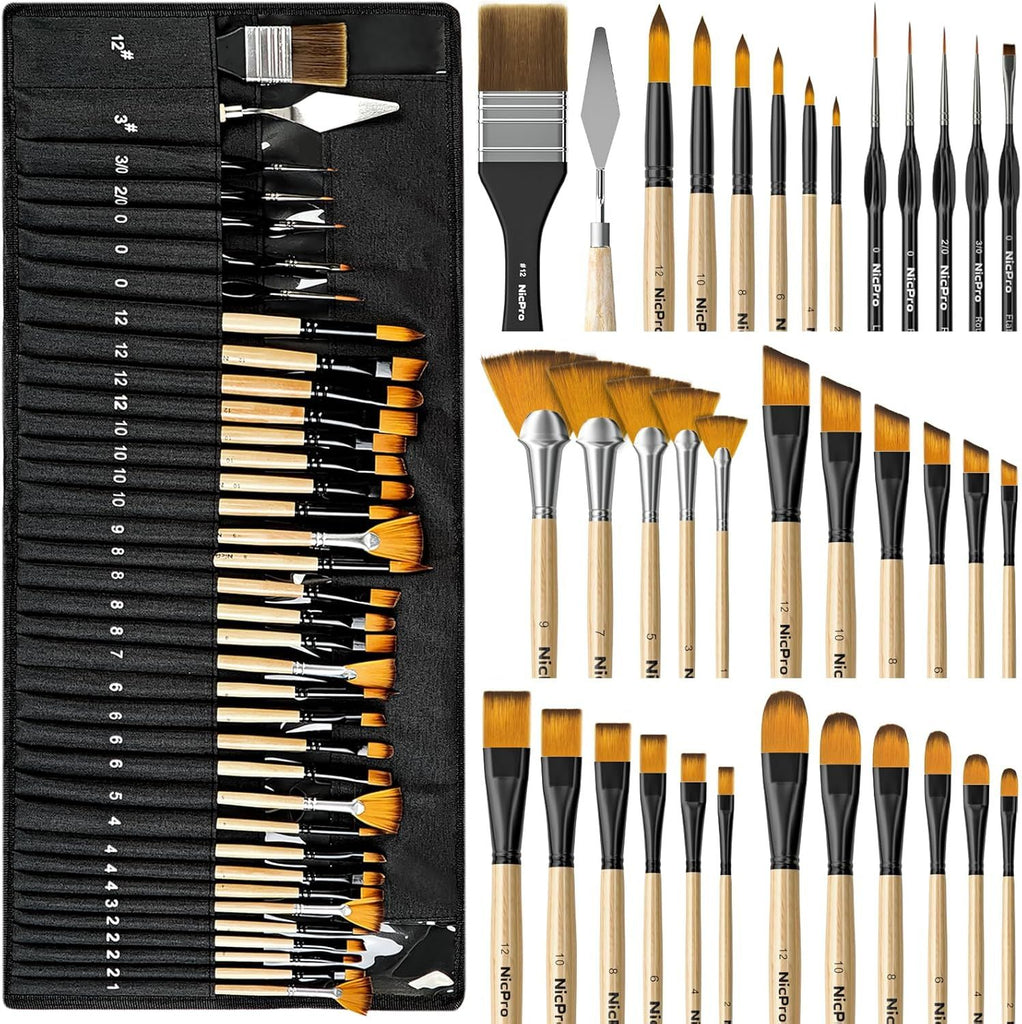36pcs Paint Brush Set, Professional Paintbrushes with Palette Knife and Cloth Roll, Suitable for Acrylic Painting, Oil, Watercolor, Gouache, Art Supplies for Artists & Beginners (Wooden Color)