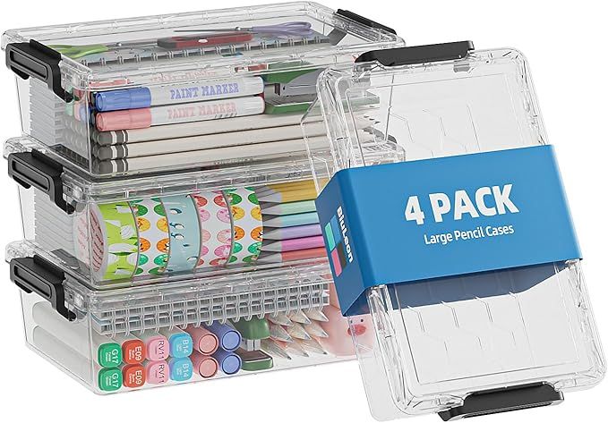4 Pack Extra Large Pencil Box, Plastic Pencil Case Organizer, Clear Crayon Box Marker Organizer, Stackable Craft Organizers and Storage for Pen, Craft, Art Supply(Black)