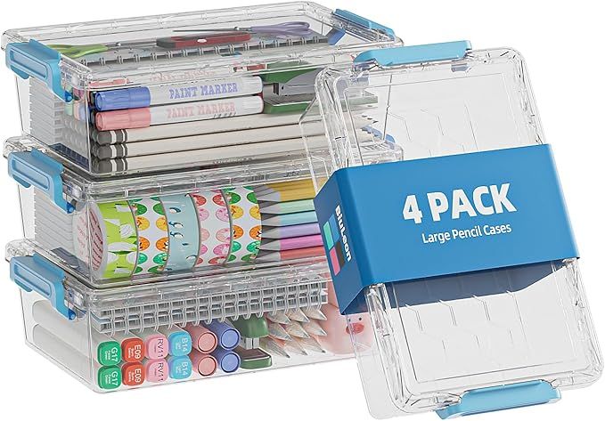 4 Pack Extra Large Pencil Box, Plastic Pencil Case Organizer, Clear Crayon Box Marker Organizer, Stackable Craft Organizers and Storage for Pen, Craft, Art Supply(Blue)