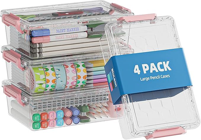 4 Pack Extra Large Pencil Box, Plastic Pencil Case Organizer, Clear Crayon Box Marker Organizer, Stackable Craft Organizers and Storage for Pen, Craft, Art Supply(Green/Blue/Pink/Black)