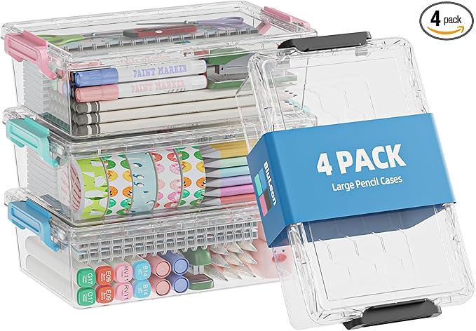 4 Pack Extra Large Pencil Box, Plastic Pencil Case Organizer, Clear Crayon Box Marker Organizer, Stackable Craft Organizers and Storage for Pen, Craft, Art Supply(Green/Blue/Pink/Black)