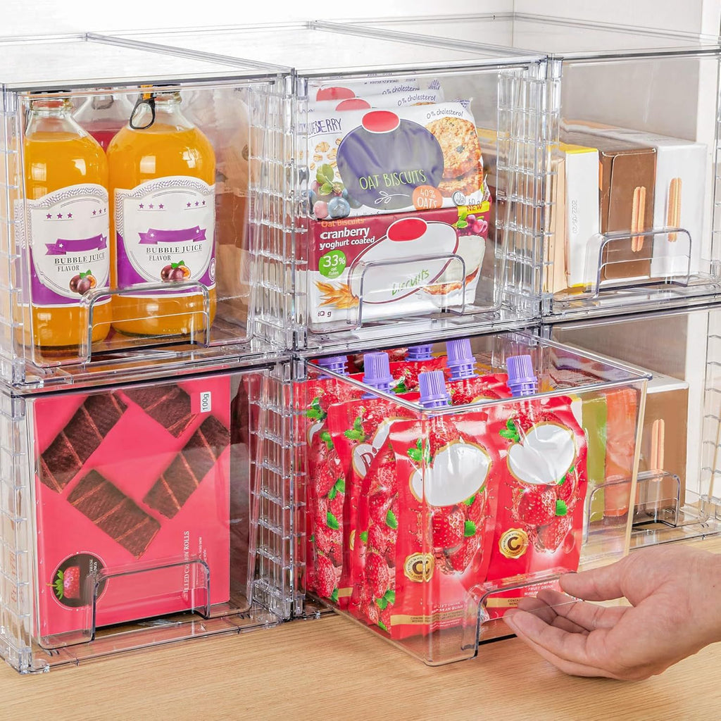 4 Pack Large Stackable Storage Drawers,Easily Assemble Acrylic Bathroom Closet Undersink Organizers and Storage,Plastic Bins for Kitchen Cabinets,Pantry,Makeup,Medicine Organization
