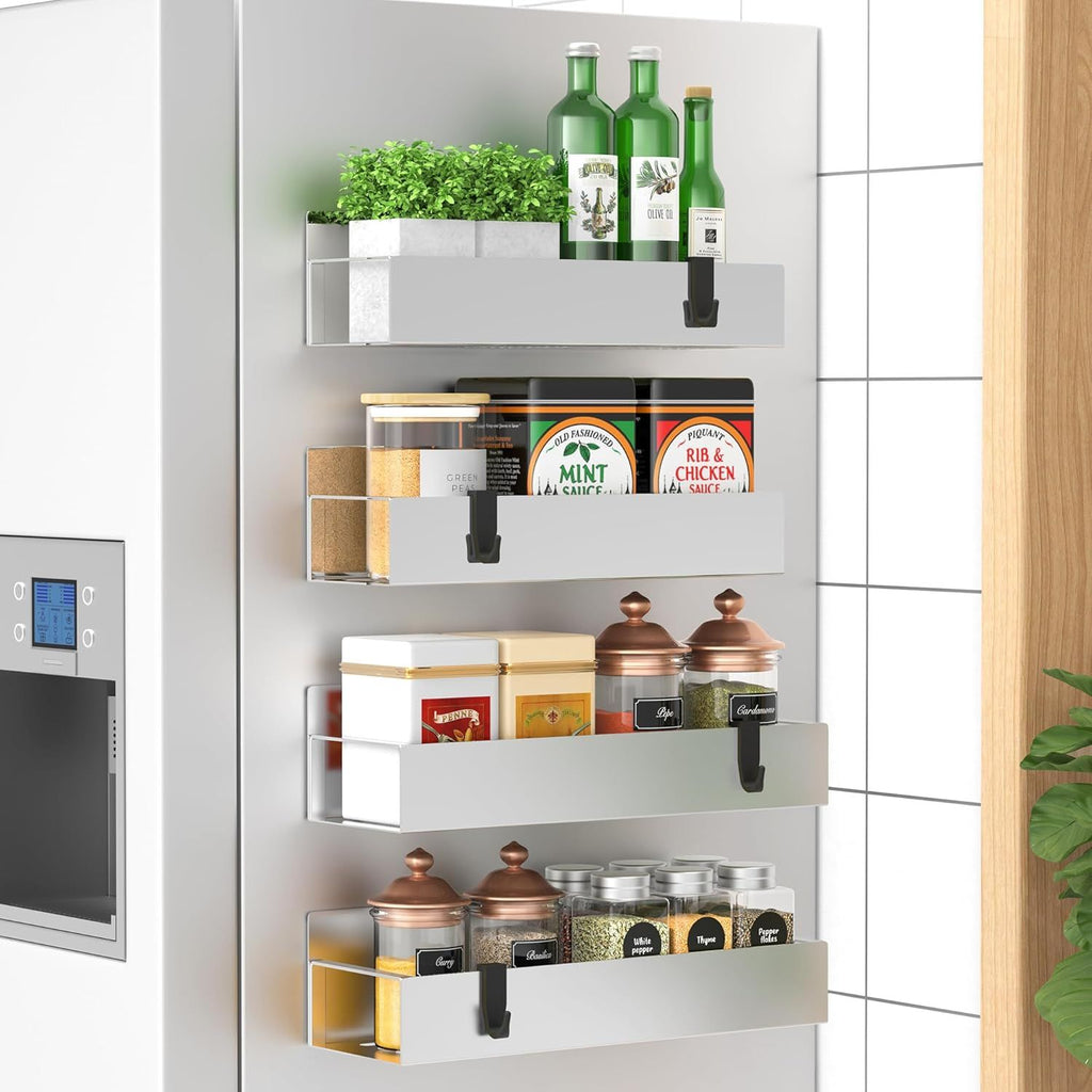 4 Pack Magnetic Spice Storage Rack Organizer for Refrigerator and Oven, Silver Fridge Organizers and Storage