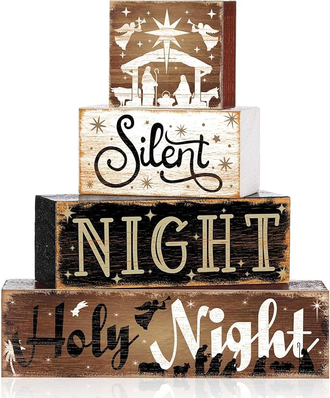 4 Pcs Wooden Christmas Nativity Table Sign Wooden Holy Night Decorative Signage Xmas Tiered Tray Decor Winter Centerpieces Farmhouse Block Set Xmas Table Sign for Home