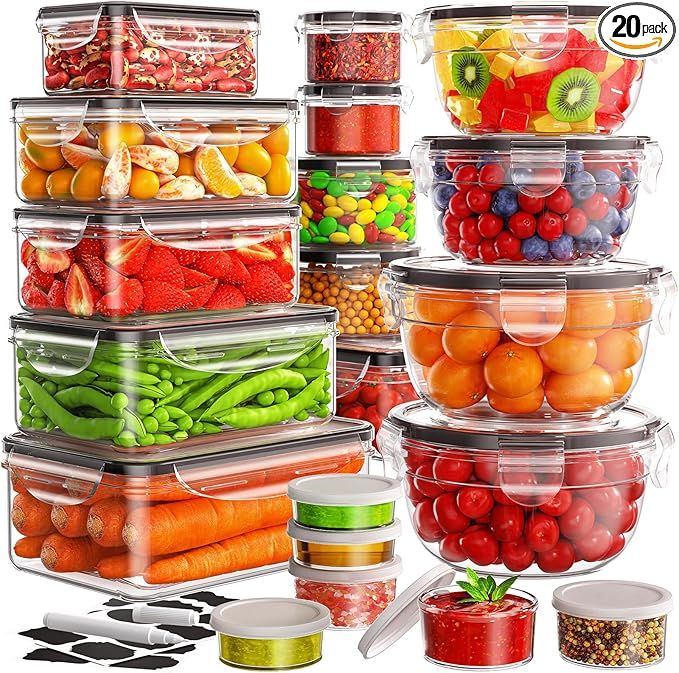 40 PCS Food Storage Containers with Lids Airtight (20 Lids &20 Containers- Leakproof Meal-Prep Containers for Kitchen Storage Reusable Plastic Microwave/Dishwasher Safe with Labels & Pen