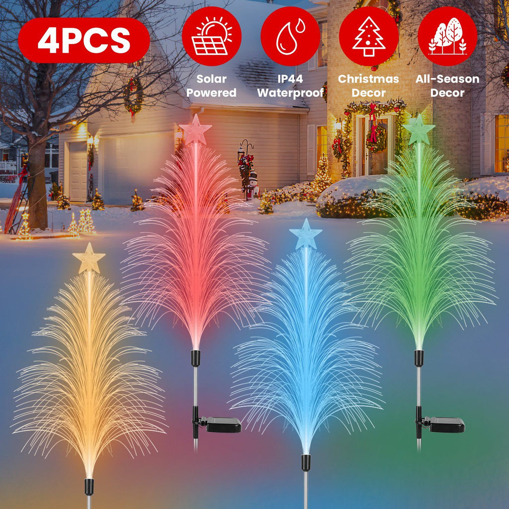 4Pack 7 Color Changing Solar Christmas Tree Lights Outdoor Optical Fiber Stake Lights Cedar Tree Lights with Topper Star IP44 Waterproof for Garden Yard Pathway Lawn