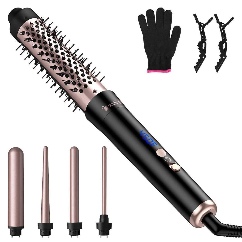 5 in 1 Curling Wand Hair Curling Iron Normal Type Brush Anti-Tangle Hair Thermal Brush Curler with 4 Heating Levels 360° Rotatable Cable 5 Interchangeable Barrels 2 Clips 1H Auto Off