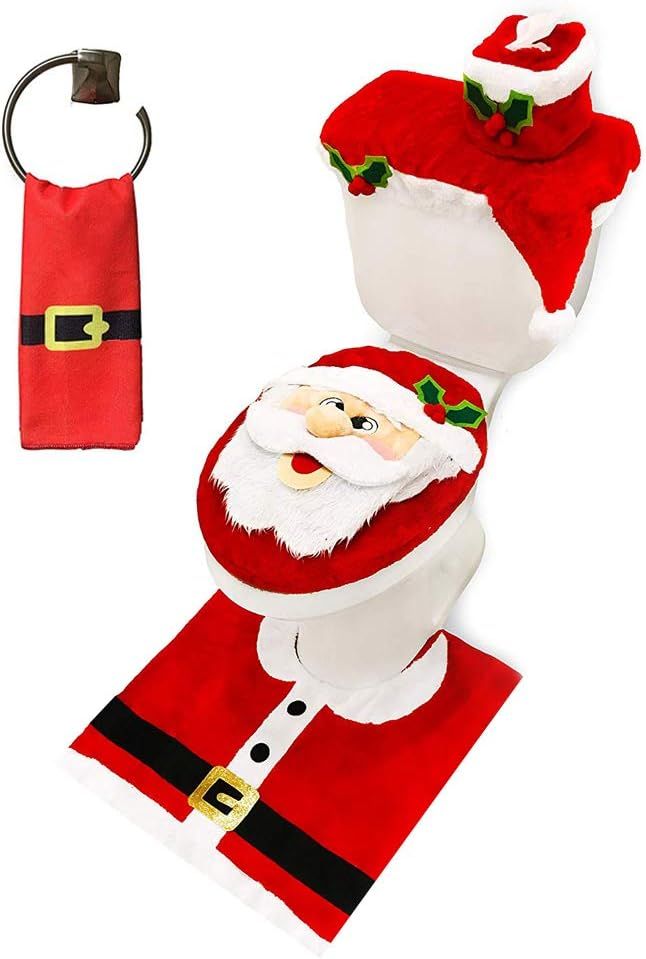 5 Pieces Christmas Theme Bathroom Decoration Set w/Toilet Seat Cover, Rugs, Tank Cover, Toilet Paper Box Cover and Santa Towel for Xmas Indoor Décor, Party Favors (Santa)
