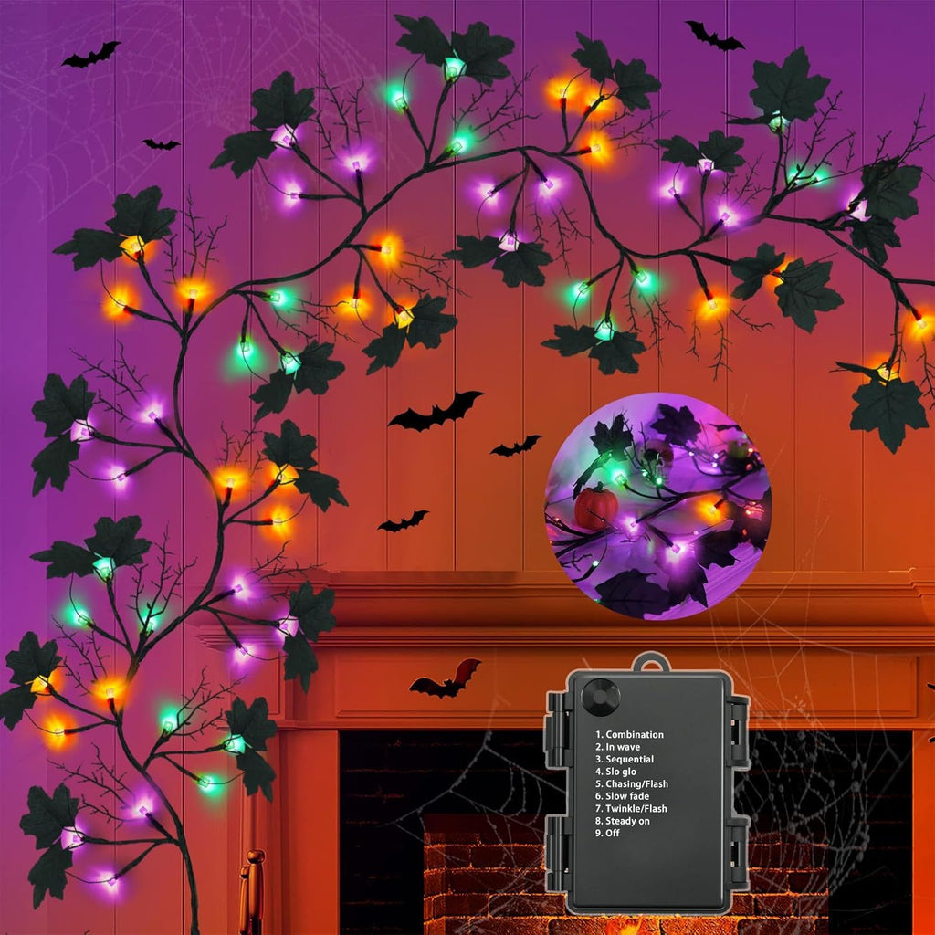 6 FT 54 LED Willow Vine Twig Decor Dead Branches Black Leaves, Halloween Garland Battery Operated for Indoor Wall Fireplace Halloween Decorations, Purple Green & Orange