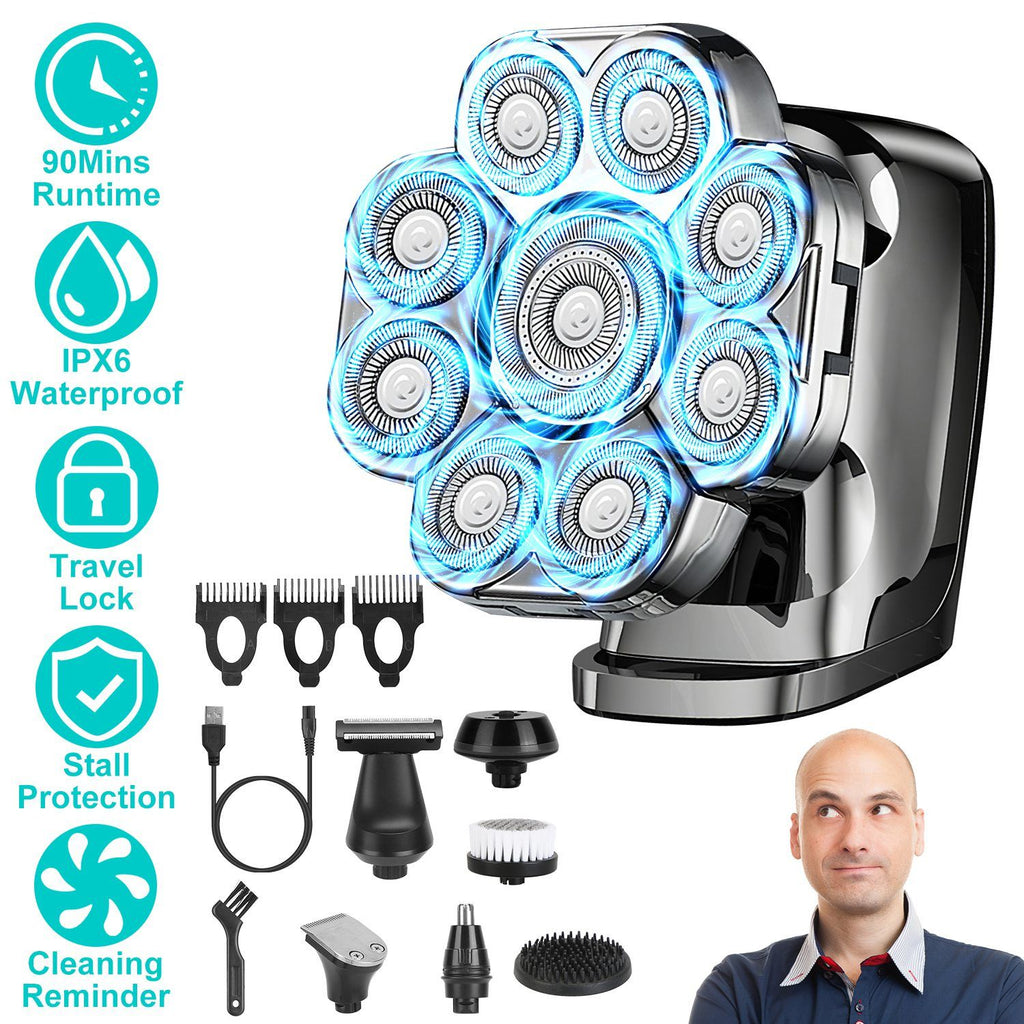 6 In 1 9D Electric Head Shaver for Men Cordless Rechargeable Wet Dry Razor with LED Display Travel Lock Stall Protection Cleaning Reminder