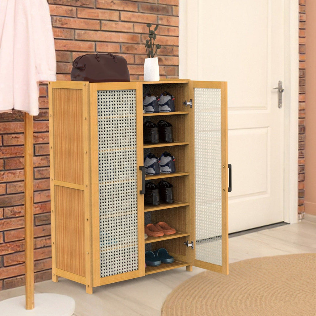 6-Tier Shoe Cabinet with Bamboo Shoe Rack Freestanding Shoe Organizer with 2 Hollow Doors and Handles 154lbs Max Load for Closet Hallway Living Room