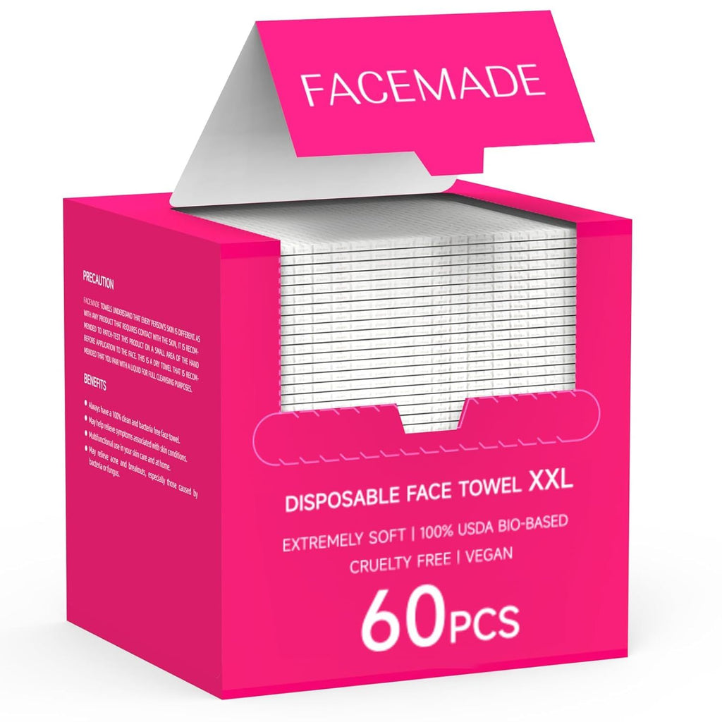 60 Count XXL Disposable Face Towels 12" × 12", 100% USDA Biobased Face Towelettes Disposable, Clean Facial Towels for Makeup and Clean Skin, Super Soft and Thick Dry Wipes Club